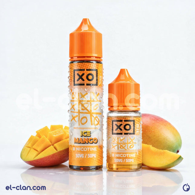 زجاجة سائل فيب مانجو ساقع من XO E-Liquid بنكهة مانجو منعشة وباردة، عبوة واضحة مع شعار العلامة التجارية