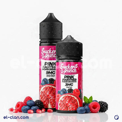 Sucker Punch E-Juice Pink Panteher Pomegranate Ice flavored vape liquid in a clear bottle with pink and purple branding.
