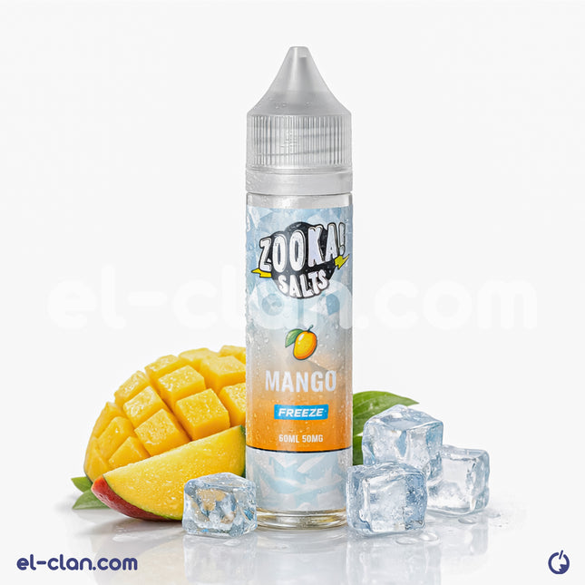Bazooka Zooka SaltNic Freeze Mango flavored vape juice in a clear bottle with mint-green label and dropper cap.