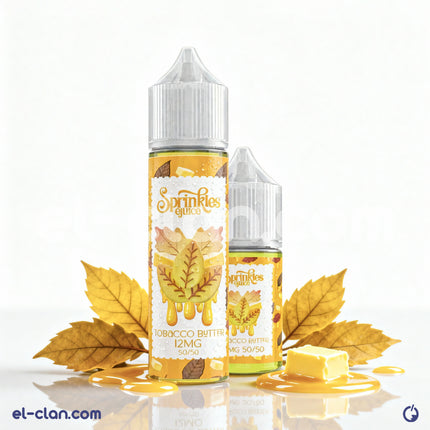 Sprinkles Tobacco Butter e-liquid in a vape bottle, featuring a caramel-colored liquid with label branding, for vaping use.