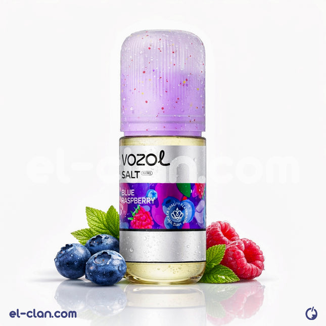 سائل فيب Vozol SaltNic بنكهة توت توت الأزرق، ليكويد مستورد من علامة Vozol E-Juice، يظهر في عبوة واضحة.