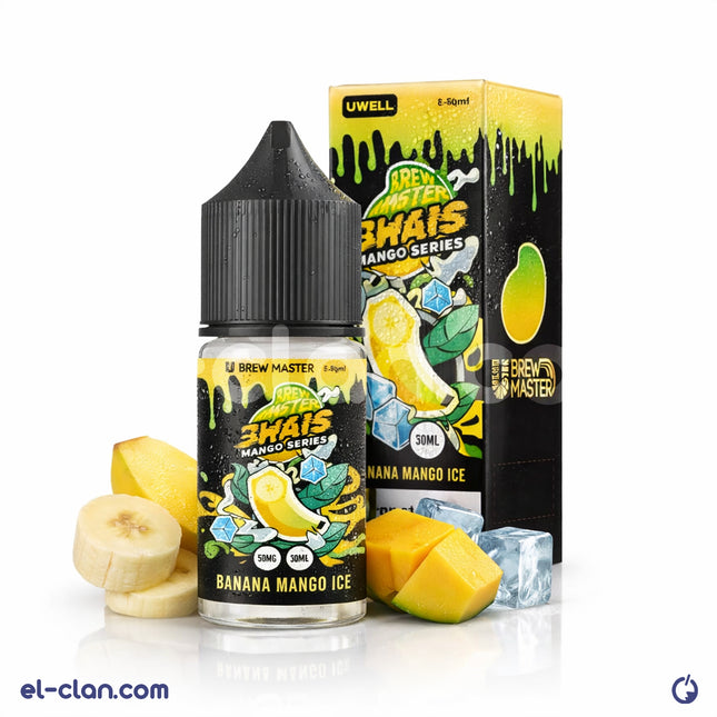 Uwell SaltNic Banana Mango Ice vape liquid bottle with mango and banana flavor, imported vape juice, and ice cooling effect.