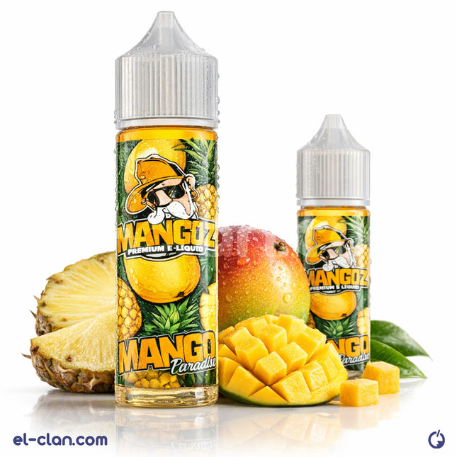 Mangoz Mango Pineapple mango and pineapple flavored vape juice bottle from Mangoz E-Juice on a white background.