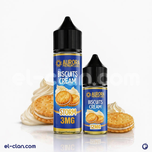 Aurora Storm Biscuits Cream in a clear vape liquid bottle, featuring a colorful label with biscuit and cream flavor imagery.