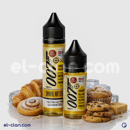 OO7 E-Juice Risico مخبوزات فيب ليكويد محلي in 8ml bottle, featuring vibrant label and flavor details.