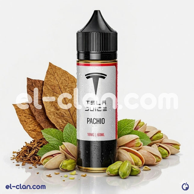 Tsla Juice Pachio Tobacco pistachio flavored vape liquid in a clear e-liquid bottle with label, showcasing the Tsla E-juice brand.