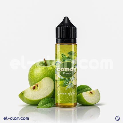 نقطة نكهة فيب ليكويد Candy Green Apple Ice تفاح أخضر ساقع من Candy E-Juice تظهر زجاجة سائل نكهة فواكه منعشة
