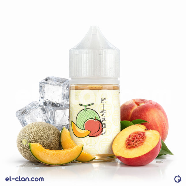 Tokyo SaltNic Iced Peach Melon vape liquid in a bottle, showing a clear label with peach and melon flavor, in a vape product image.