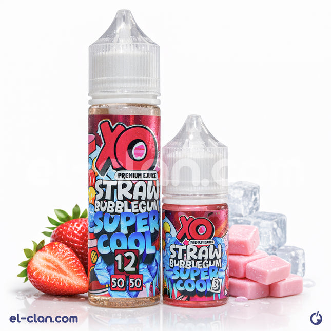 XO E-Liquid bubble gum flavored vape in a pour of pink strawberry bubble gum liquid, featuring the XO Super Cool Straw branding.