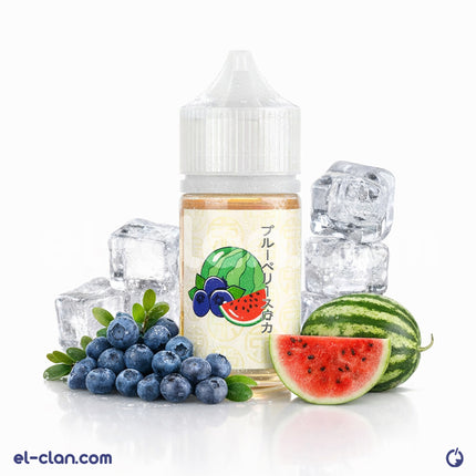 سحابة تبخير لفيب توكو سولت نيكيد بلو بيري و Watermelon مثلج، ليكويد مستورد من علامة Tokyo، يظهر عبوة وسحابة بخار.