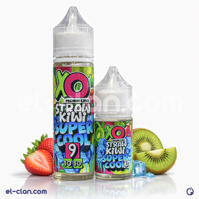 XO E-Liquid Super Cool Straw Kiwi فيب ليكويد محلي with kiwi and strawberry flavor, featuring a vibrant bottle design.