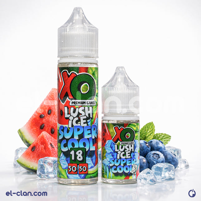 XO E-Liquid Super Cool Lush Ice بطيخ نعناع ساقع vapor in a clear bottle, showcasing vibrant watermelon and mint flavor.