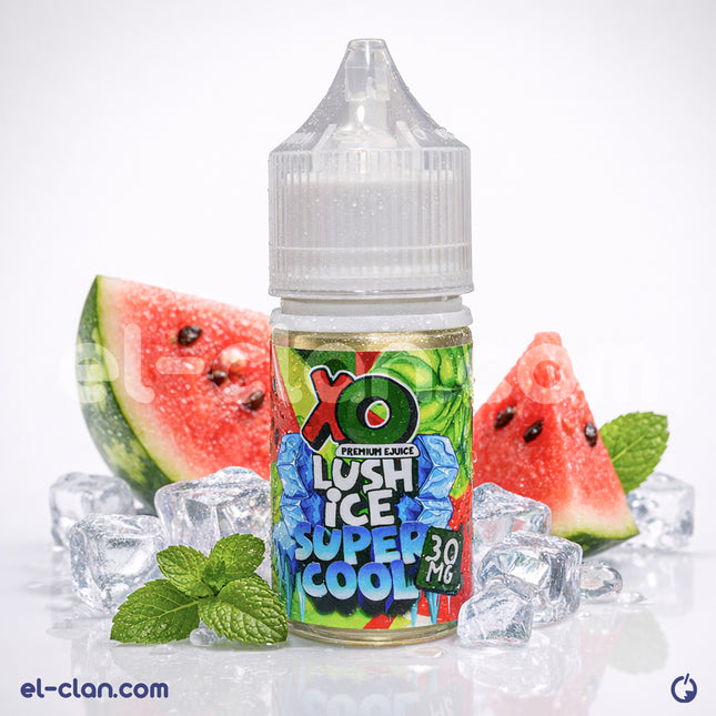 XO E-Liquid Super Cool SaltNic Lush Ice flavor in a vape liquid bottle, featuring watermelon and mint flavor with icy coolness.
