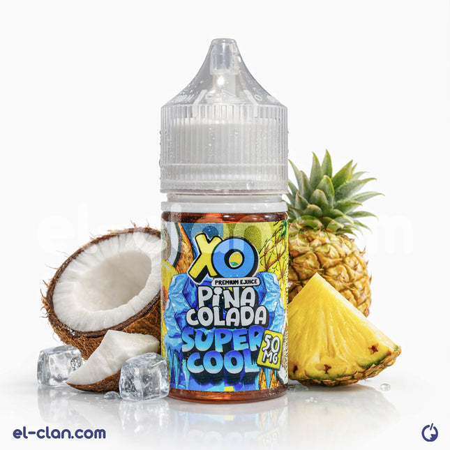 XO E-Liquid Super Cool SaltNic Pina Colada vape in a clear bottle with pineapple and coconut flavor label, featuring a cool mint element.