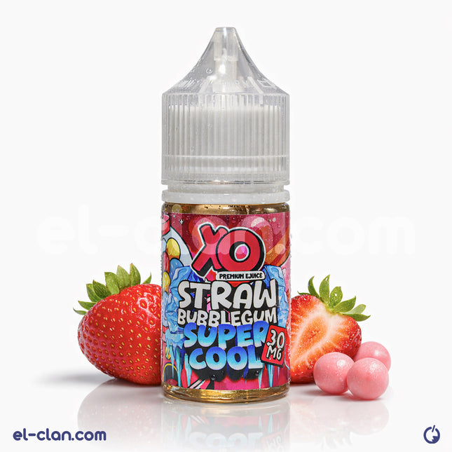 XO E-Liquid Super Cool SaltNic Straw Bubblegum vape in a flavored liquid bottle with bubblegum and strawberry flavors.