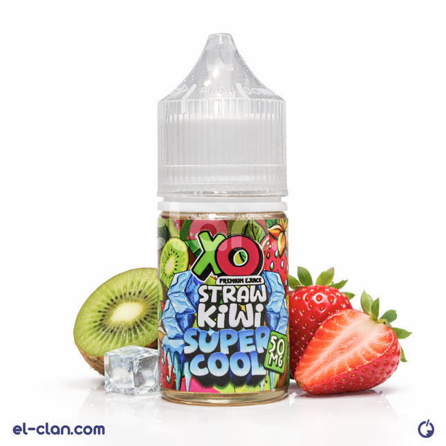 XO E-Liquid Super Cool SaltNic Straw Kiwi flavored vape liquid in a bottle with kiwi and strawberry images.
