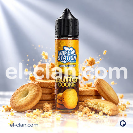 قنية فيب زبدة كوكيز من Vape Station E-Juice، ليكويد محلي بنكهات زبدة الكوكيز في عبوة واضحة.