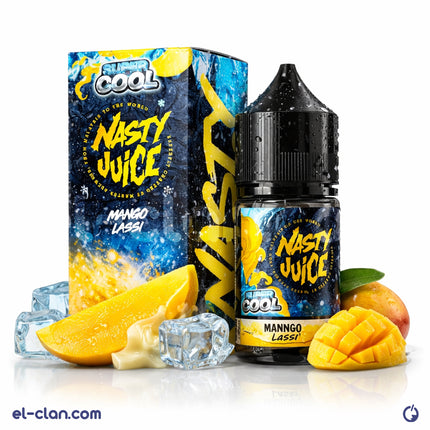 Nasty Juice Super Cool Mango Lassi vape liquid in a clear bottle, mango flavor, imported vape product with colorful label.