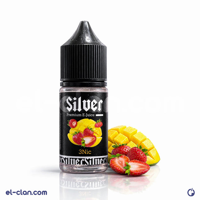 Silver Mango Straw فيب ليكويد محلي من Silver E-Liquid, featuring a bottle with mango and strawberry flavor illustration.
