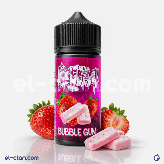 For Ca$h Ice Bubble Gum flavored e-liquid vape in a liquid form, featuring pink bubble gum and strawberry flavor.