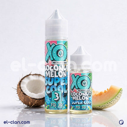 سائل فيب ليكويد XO E-Liquid بنكهة جوزهند كنتالوب بارد، زجاجة 30 مل مع عبوة مضاءة وملصق مميز