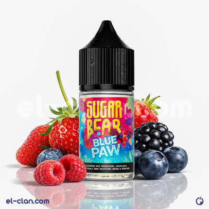 سائل فيب ليكويد سكر بير بير بلوب بو، نكهة توت، عبوة من ماركة Sugar Bear E-Juice مع زجاجة سائل ملون