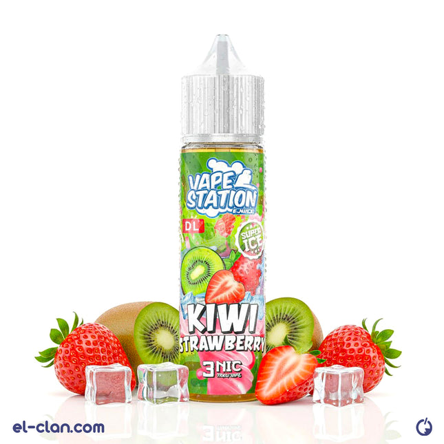 Vape Station E-Juice Super Cool Kiwi Strawberry flavored vape liquid in a bottle with colorful label, perfect for vaping enthusiasts.