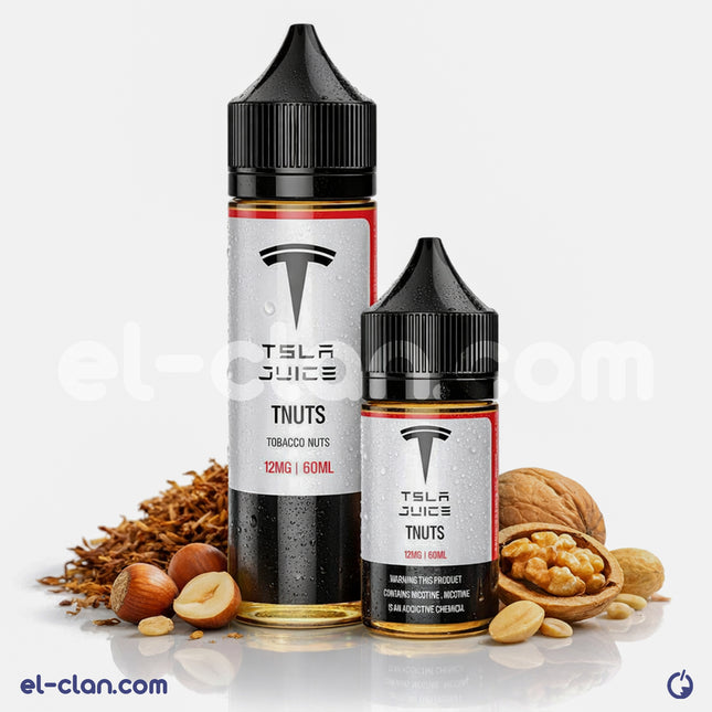 Tsla Juice Tnuts Tobacco Nuts in a caramel flavor, in a flavored vape liquid bottle by Tsla E-juice, designed for vaping.