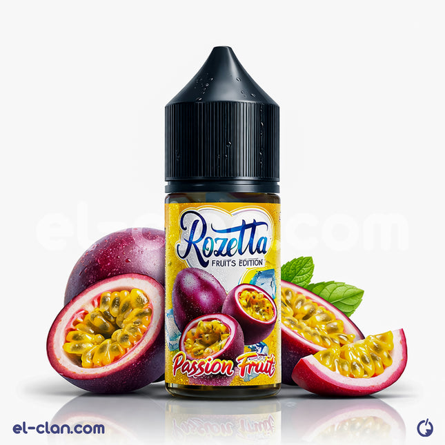 Rozetta Ice Passion Fruit flavored vape liquid from Rozetta E-Juice, showcasing the bright passion fruit flavor in a 30ml bottle.