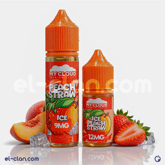 My Cloud E-Juice My Cloud Ice Peach Strawberry flavored vape liquid in a sleek bottle, showcasing peach and strawberry flavor details.