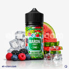 Baron SaltNic Ice Watermelon Berry e-liquid in a bottle, featuring a flavor blend of icy watermelon and berry for vaping.