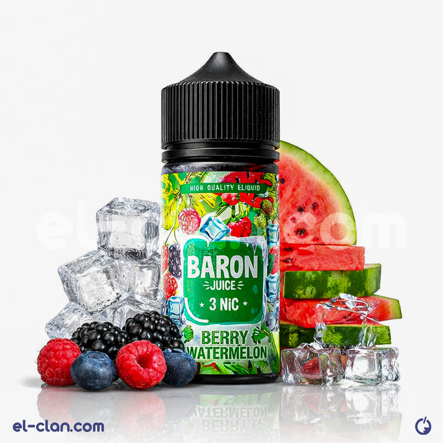Baron SaltNic Ice Watermelon Berry e-liquid in a bottle, featuring a flavor blend of icy watermelon and berry for vaping.