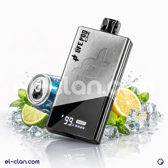 مشروب طاقة بارد من Life Pod بعبوة فيب ديبوسبل مع شعار العلامة التجارية وعبوة سوداء صغيرة