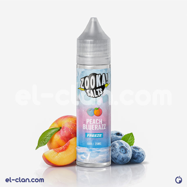 Bazooka Zooka SaltNic Freeze Peach Blue Razz vape liquid in a clear bottle with label featuring peach and blue raspberry flavors.