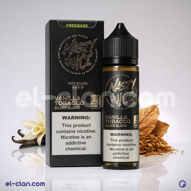 Nasty Juice Vanilla Tobacco Silver Blend vape liquid in a bottle with a smooth, creamy vanilla and rich tobacco blend.