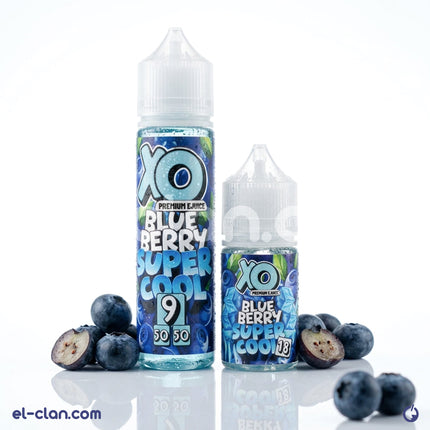 XO E-Liquid Super Cool Blue Berry in a vape liquid bottle with vibrant blue and berry imagery for in-depth vapor flavor.