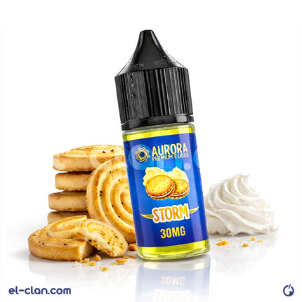 Aurora SaltNic Storm بسكويت كريمي فيب ليكويد محلي e-juice bottle with creamy biscuit flavor, for vaping devices.