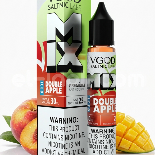 سائل فيب VGOD SaltNic Iced Mix Double Apple بنكهة التفاحتين، ليكويد مستورد بعبوة واضحة في الصورة
