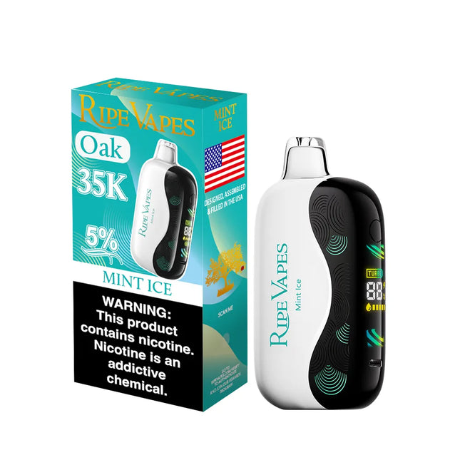 سيجارة فيب ديسبوسبل من RIPE VAPES بنكهة نعناع بارد وثلجي، تظهر عبوة Mint Ice مع نكهة النعناع المنعشة.