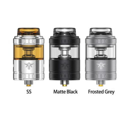 Vandy Vape Requiem RTA rebuildable tank atomizer shown from side view, featuring its glass tank and metal construction.