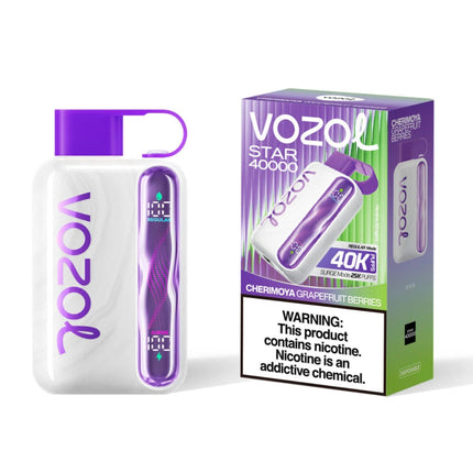 فيب ديسبوسبل Vozol Star 40K بطعم جريب فروت وتوت الشيريمويا مع صور واضحة للعبوة والتصميم.