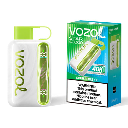جهاز فيب Vozol Star 40K Sour Apple Ice، سيجارة إلكترونية ديسبوسبل بنكهات تفاح ساقع، مع تصميم أنيق وملمس مريح
