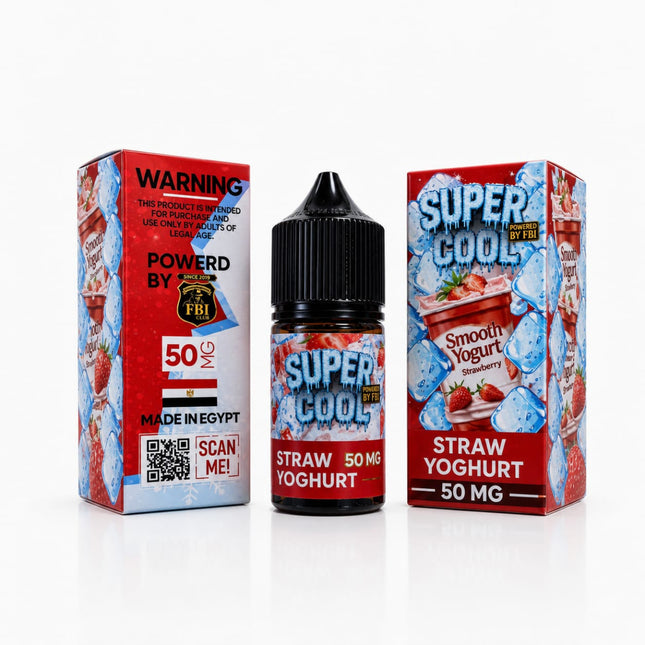 عصاير فيب نيك سوبر كول سترو يوجورت فراولة ساقعة من FBI E-Juice، يظهر عبوة ليكويد محلي لنكهة الآيس كريم والفراولة