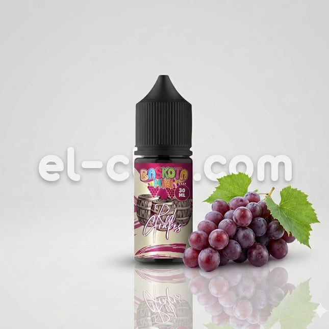عنب أحمر من نوع فيب ليكويد محلي بنكهة فريدة من Baskota E-Juice، يظهر في الصورة مع تفاصيل العنب الأحمر وعبوة المنتج