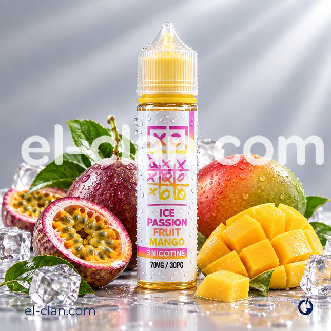 سائل فيب مانجو باشون فروت مانجو ساقع من XO E-Liquid، عبوة واضحة مع لون سائل برتقالي وعبوة شفافة.