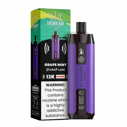 Alfakher Disposable Crown Bar Sound 12K Grape Mint flavored in a sleek disposable vape device with purple and green accents.