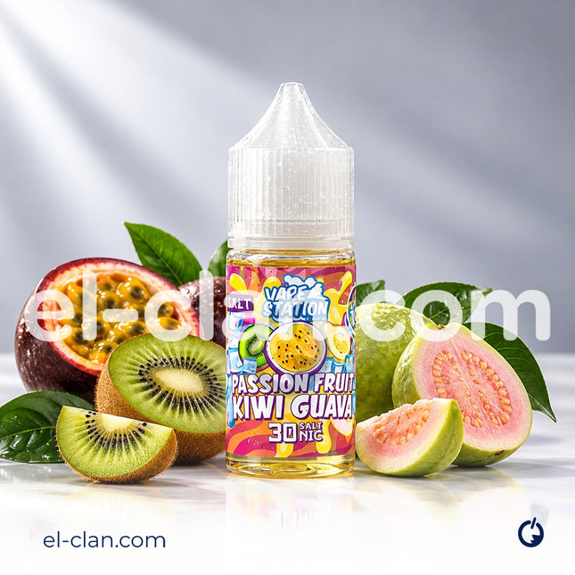 سائل فيب سولت نيكوتين من Vape Station بنكهة فاكهة العاطفة والكيوي والجوافة، عبوة بسعة مناسبة، فيب ليكويد مميز
