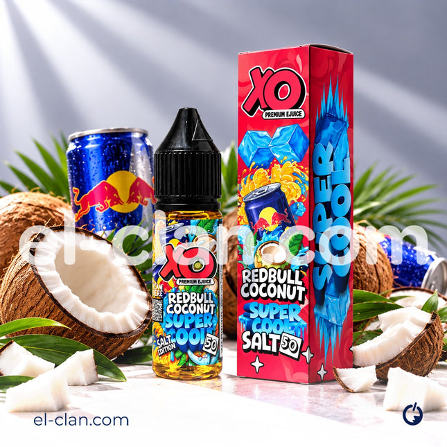 سائل فيب ليكويد XO E-Liquid بنكهة ملح الطاقة جوز الهند المنعش، مشروب طاقة جوزهند ساقع جدا، عبوة واضحة في الصورة