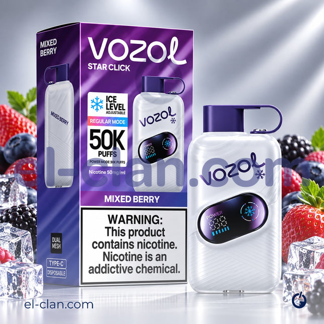 جهاز فيب ديسبوسبل Vozol Star Click 50K بنكهة توت ساقع، تصميم أنيق ومريح للاستخدام اليومي