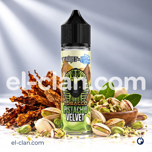 فيب ليكويد فسدق مخملي من Vape Station E-Juice، يظهر عبوة التبغ ذات نكهة الفسدق والملمس المخملي